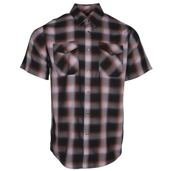 NWT Dixxon Flannel Bamboo Patina Black Brown Plaid Short Sleeve Pearl Snap Shirt - Picture 1 of 9